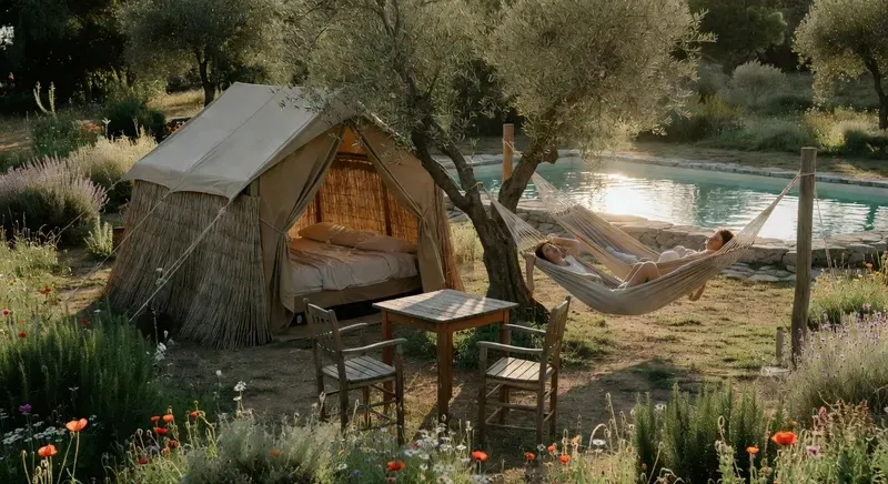 Glamping tent in the Sardinian countryside near Perfugas with a garden pool and hammocks at sunset on a sardinia multi day nature stay
