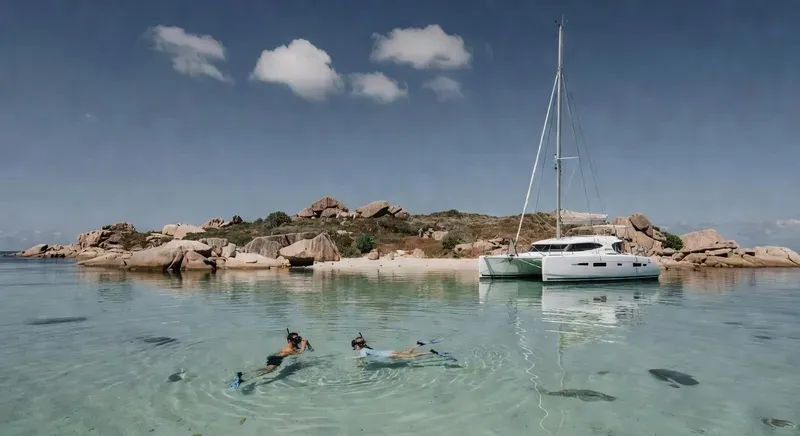 Private Bali catamaran anchored in the crystal-clear turquoise waters of Cala Coticcio in the La Maddalena Archipelago on a 3-day sardinia catamaran cruise