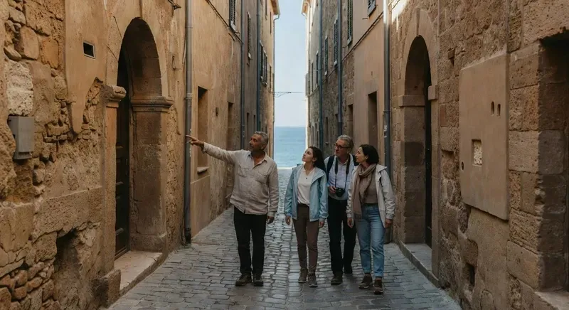 Local guide leading a small group through Cagliari's historic Castello district on a 7-day sardinia multi day island tour with gastronomic experiences