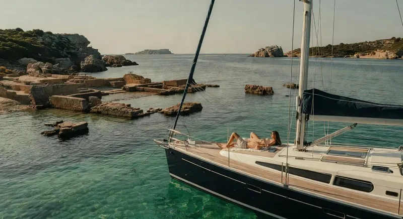 Luxury sailing yacht anchored off the ancient Nora ruins on the Pula peninsula on a 2-day sardinia luxury sailing cruise from Cagliari