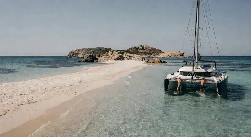 Catamaran anchored at the Punta Molentis white sand spit near Villasimius on a 3-day sardinia catamaran cruise in the Capo Carbonara Marine Protected Area