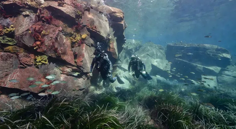 PADI scuba divers exploring the underwater cliffs of the La Maddalena Archipelago National Park on a sardinia multi day diving course with Anthias Diving